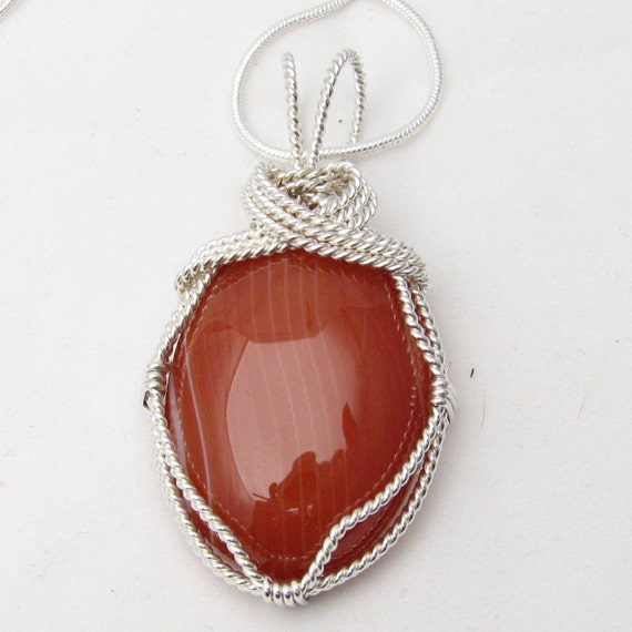Handmade Solid Sterling Silver Wire Wrap Sardonyx Cabochon Pendant Great Gift Idea