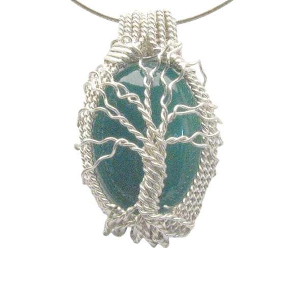 Handmade Solid Sterling Silver Wire Wrap Green Moss Pendant Great Gift Idea