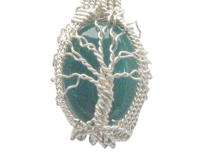 Handmade Sterling Silver Wire Wrap Green Moss Agate Pendant and Neckless