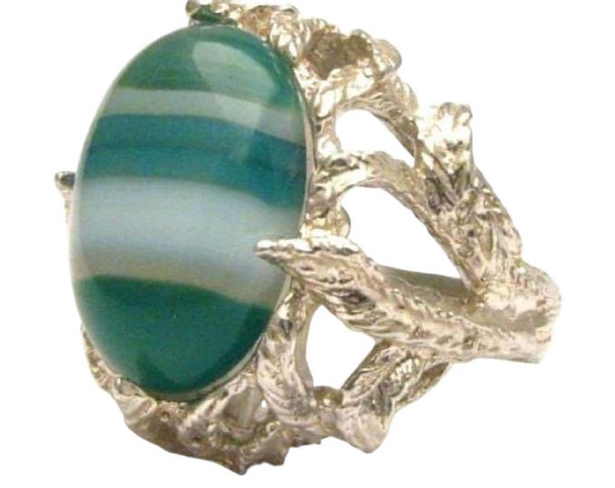 Sardonyx Ring Green White Gemstone Sterling Silver Handmade Cabochon Setting