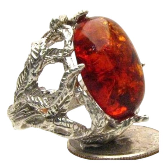 Handmade Sterling Silver Amber Gemstone Cabochon Goth Ring Great Gift Idea
