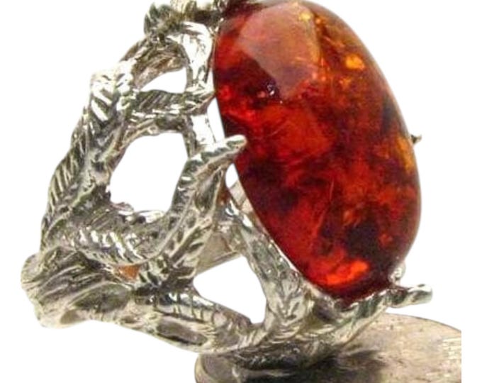 Handmade Sterling Silver Amber Cabochon Ring: Goth Jewelry