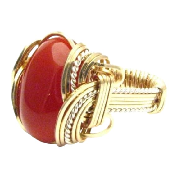 Handmade Wire Wrap Two Tone Sterling Silver/14kt Gold  Carnelian Ring Great Gift Idea