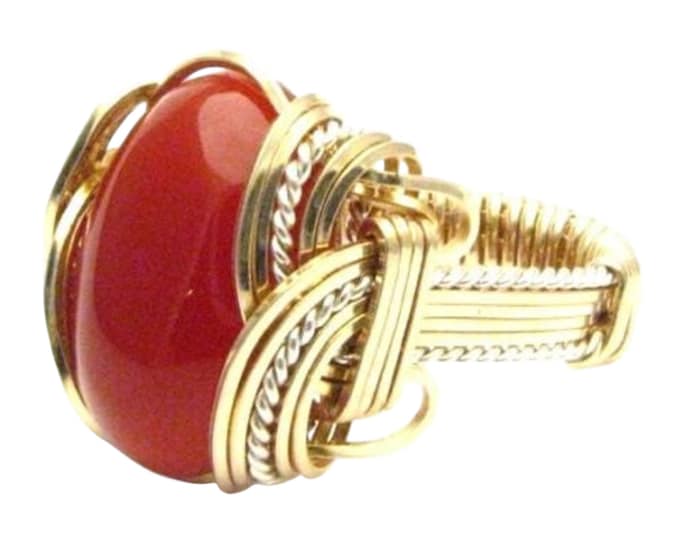 Handmade Wire Wrap Carnelian Ring: Sterling Silver & 14kt Gold Filled