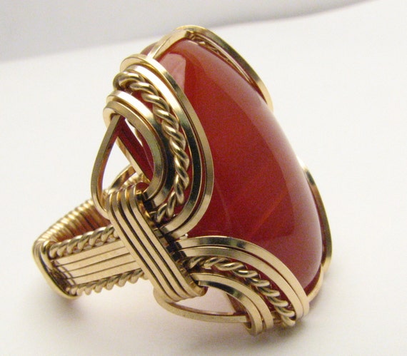 Wire Wrapped Ring Vintage Handcrafted Victorian  14kt Gold  Wire Wrap Red Carnelian Gemstone Ring Great Gift Idea