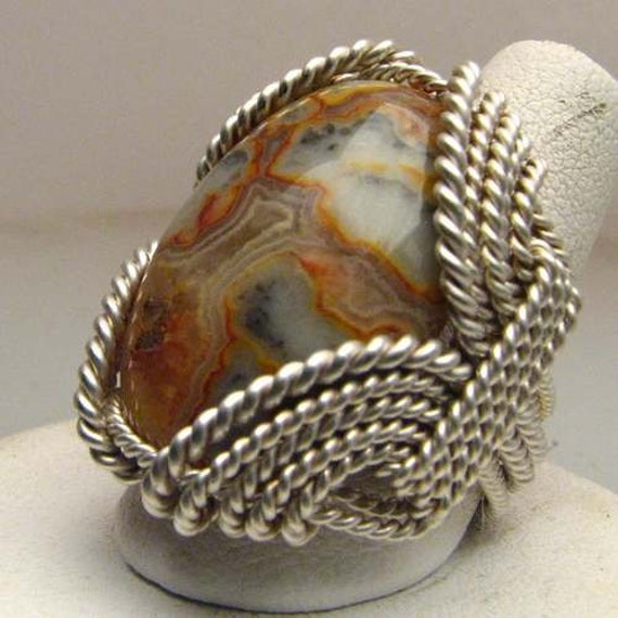 Vintage Handmade Sterling Silver Wire Wrapped Vintage Crazy Lace Agate Ring Great Gift Idea