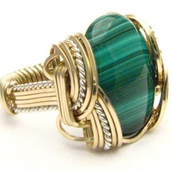 Handmade Wire Wrapped VintageTwo Tone Sterling Silver/14kt Gold  Malachite Cabochon Ring