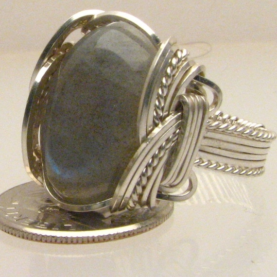 Wire Wrap Labradorite Sterling Silver Ring 18x13mm