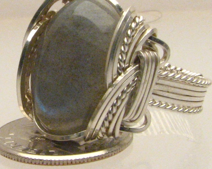 Wire Wrap Labradorite Sterling Silver Ring 18x13mm