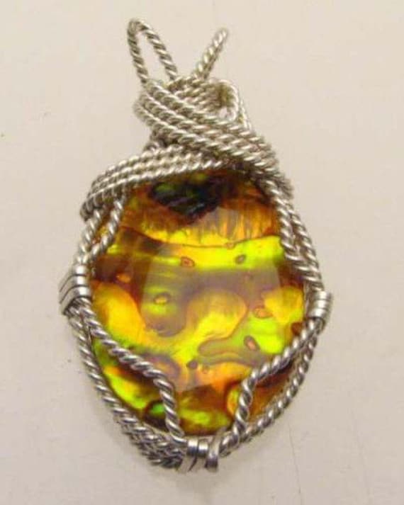Handmade Solid Sterling Silver Wire Wrap Gold Paua Shell Pendant