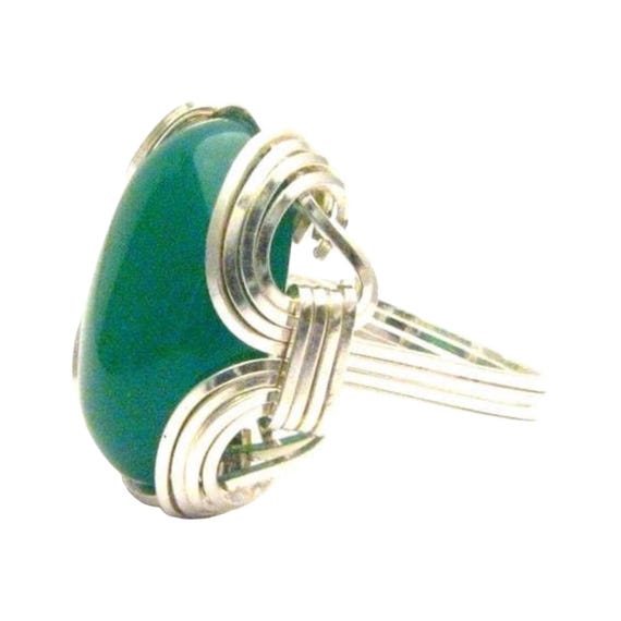 Handmade Sterling Silver Wire Wrap Green Onyx Cabochon Ring Great Gift Idea