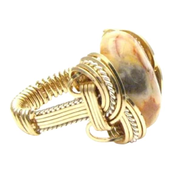 Handmade Wire Wrap Two Tone Sterling Silver/14kt Gold  Crazy Lace Agate Ring Great Gift Idea