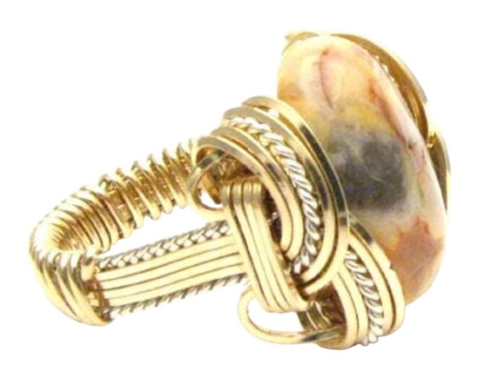 Handmade Crazy Lace Agate Ring: Two Tone Sterling Silver & 14kt Gold Filled Wire Wrap