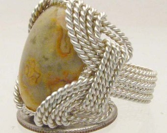 Handmade Solid Sterling Silver Wire Wrap Crazy Lace Agate Cabochon Ring Great Gift Idea