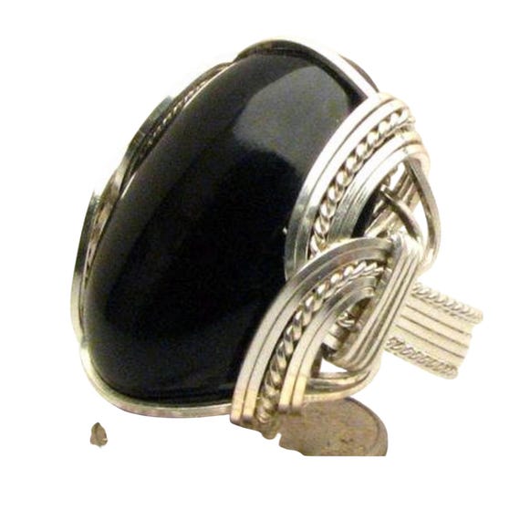 Black Onyx Wire Wrapped Ring Handmade Sterling Silver Wire Wrapped Oval Black Onyx Cabochon Ring