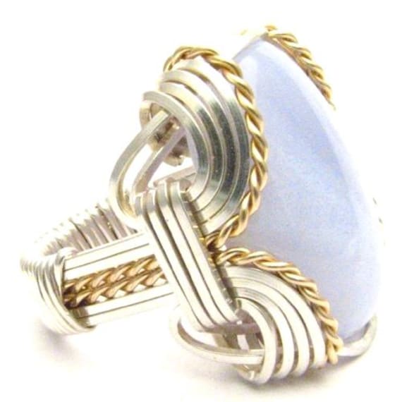 Handmade Wire Wrap Two Tone Sterling Silver/14kt Gold  Blue Lace Agate Cabochon Ring