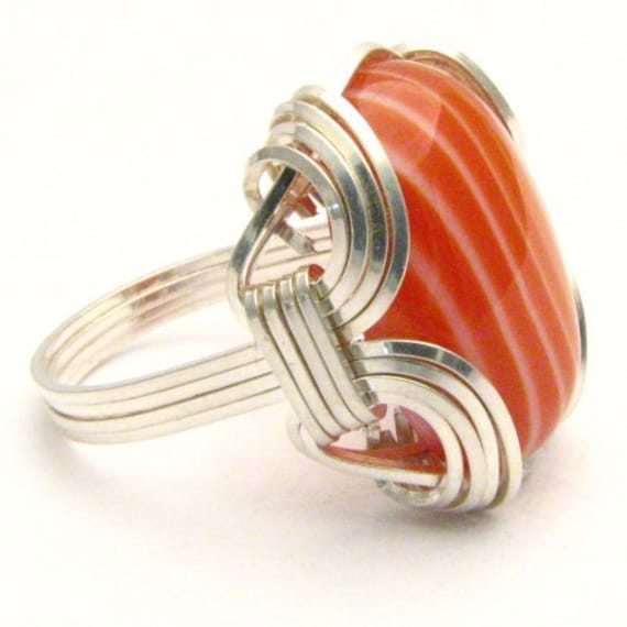 Handmade Cabochon Ring Sterling Silver Wire Wrap Red and white Sardonyx Gemstone Ring