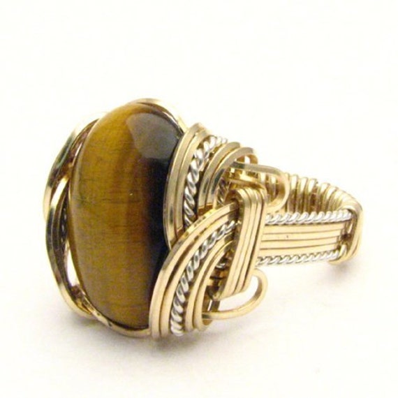 Handmade Wire Wrap Two Tone Sterling Silver/14kt Gold  Tiger Eye Agate Ring Great Gift Idea