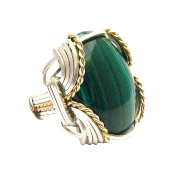 Handmade Wire Wrap Two Tone Sterling Silver/14kt Gold  Malachite Cabochon Ring Great Gift Idea