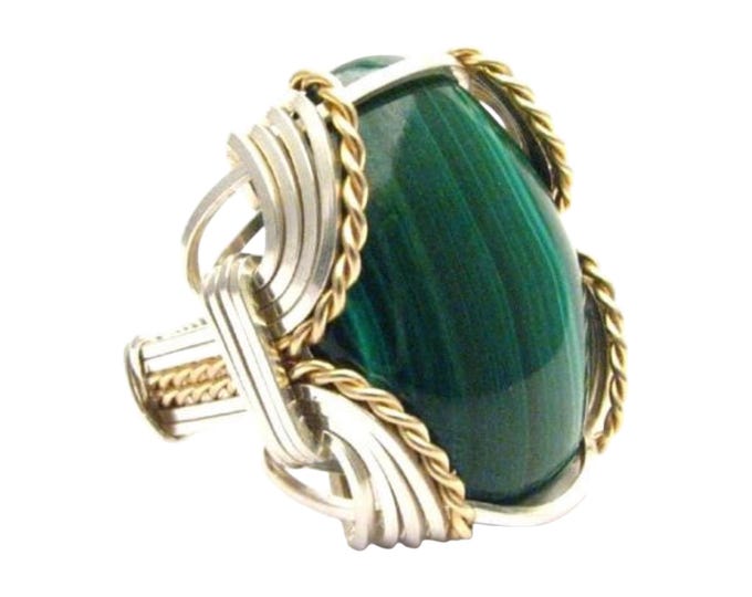 Handmade Two Tone Malachite Ring: Sterling Silver & 14kt Gold Filled