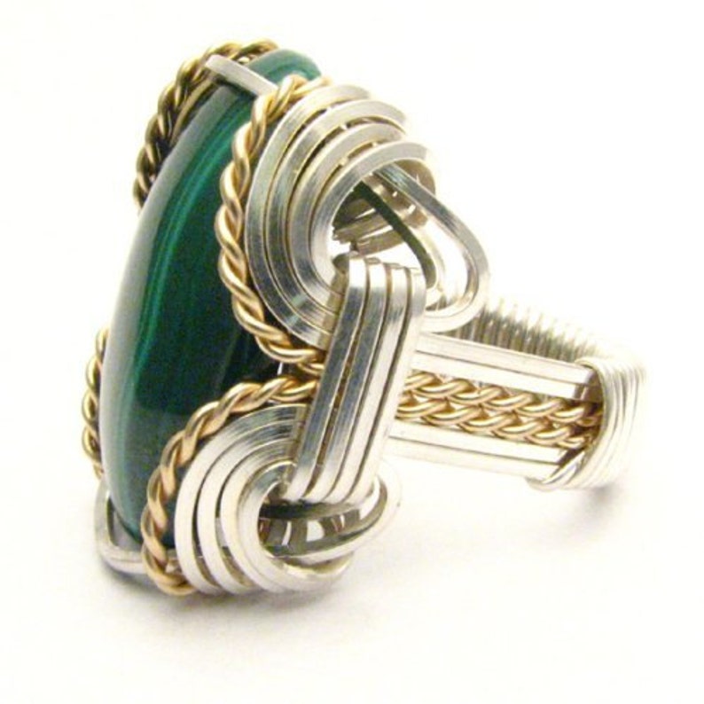 Handmade Wire Wrap Two Tone Sterling Silver14kt Gold Filled Malachite Cabochon Ring