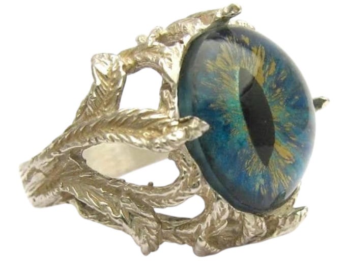 Aqua Dragon Eye Claw Ring: Sterling Silver Handmade Gemstone