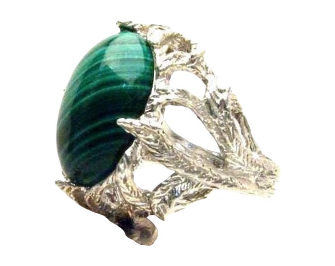Handmade Malachite Cabochon Ring: Solid Sterling Silver