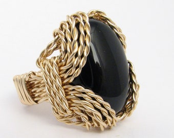 Handmade 14kt Gold  Wire Wrapped Black Onyx Goth Artisan Gemstone Ring Great Gift Idea