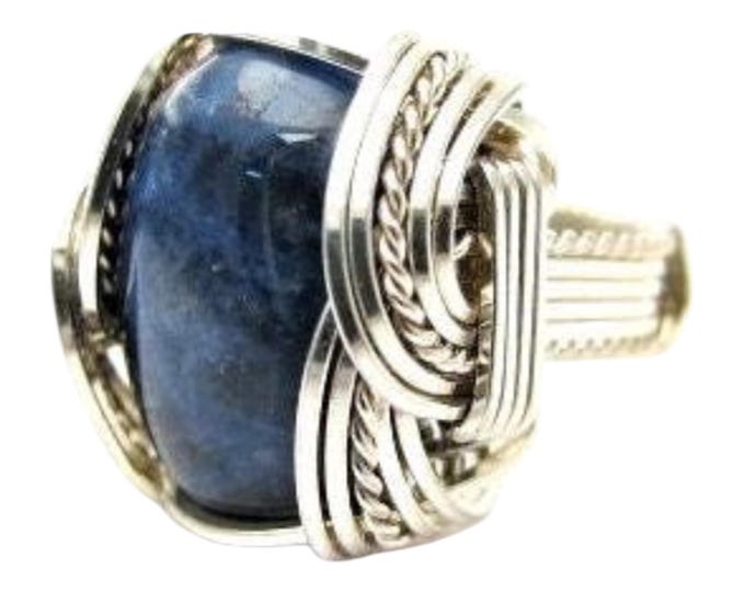 Handmade Wire Wrapped Blue Sodalite Sterling Silver Ring. Custom Personalized Sizing to fit you.