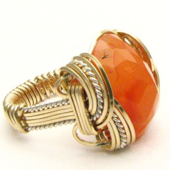 Handmade Wire Wrap Sterling Silver/14kt Gold  Faceted Carnelian Cabochon Ring Great Gift Idea