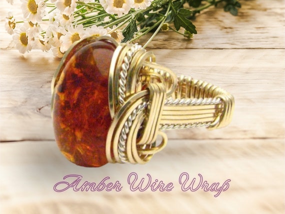 Handmade Wire Wrapped Vintage Two Tone Sterling Silver/14kt Gold  Amber Cabochon Rings Great Gift Idea