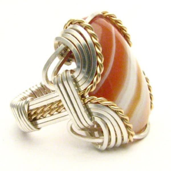 Handmade Wire Wrap Sterling Silver/14kt Gold  Red/White Sardonyx Ring Great Gift Idea