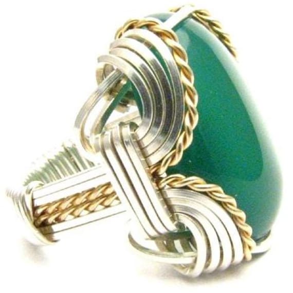 Handmade Wire Wrap Two Tone Sterling Silver/14kt Gold  Green Onyx Ring Great Gift Idea