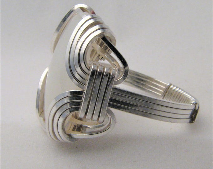 Mother of Pearl White Gemstone Ring Sterling Silver Wire Wrapped
