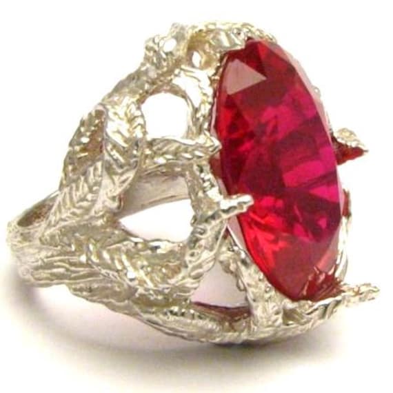 Handmade Sterling Silver Man Made Faceted Ruby Stone Ring Great Gift Idea