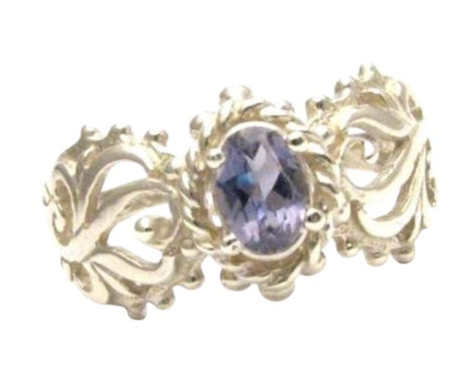 Iolite Sterling Silver Ring: Light Purple Filigree Vine Design