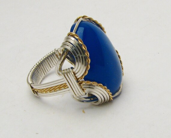 Handmade Wire Wrap Two Tone Sterling Silver/14kt Gold  Blue Onyx Ring Great Gift Idea