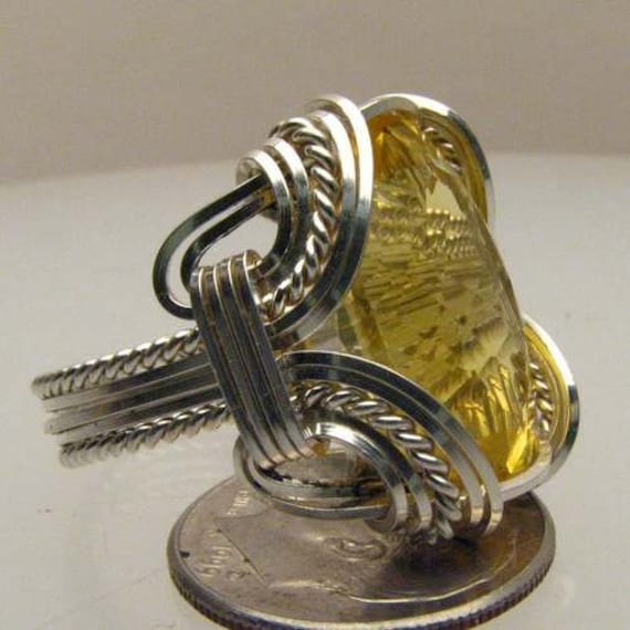 Handmade Solid Sterling Silver Wire Wrap Checkerboard Cut Citrine Ring Great Gift Idea