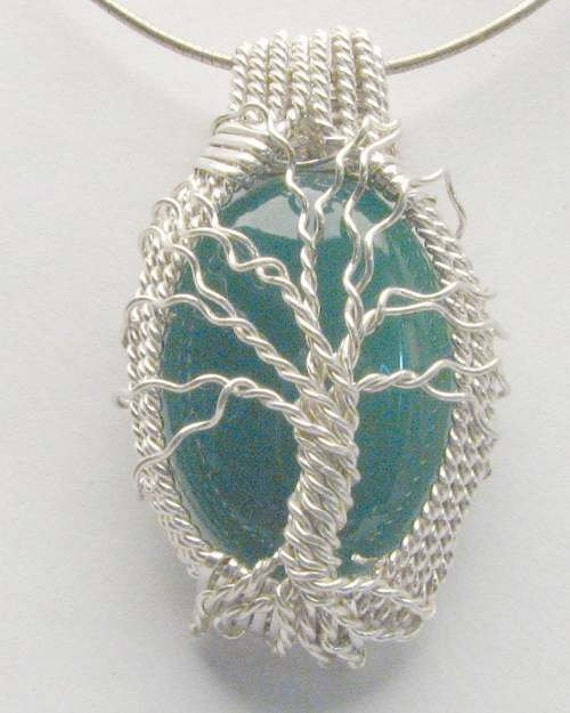 Handmade Solid Sterling Silver Wire Wrap Green Moss Pendant Great Gift Idea