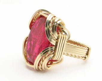 Ruby Ring 14kt Gold Filled Wire Wrapped Man Made Gemstone