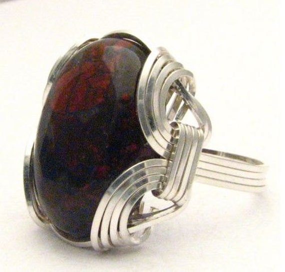 Wire Wrapped Poppy Jasper Stone Sterling Silver Ring.  Custom Sized to fit you. Great Gift Idea