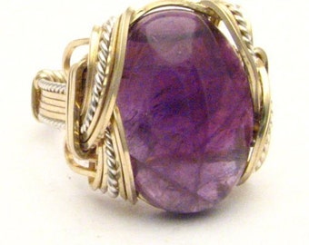 Handmade Wire Wrap Two Tone Sterling Silver/14kt Gold Filled Amethyst Cab Ring
