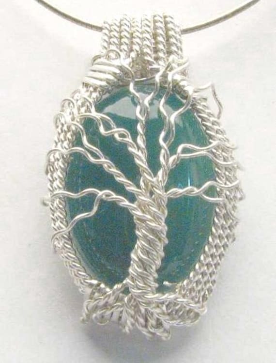 Handmade Solid Sterling Silver Wire Wrap Green Moss Pendant Great Gift Idea