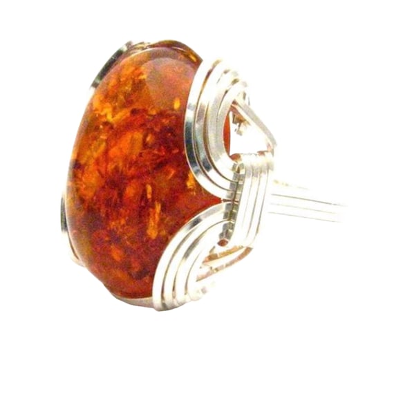Handmade Sterling Silver Wire Wrap Amber Cabochon Ring