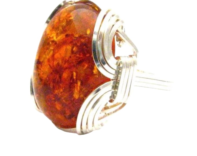 Handmade Sterling Silver Wire Wrap Amber Cabochon Ring