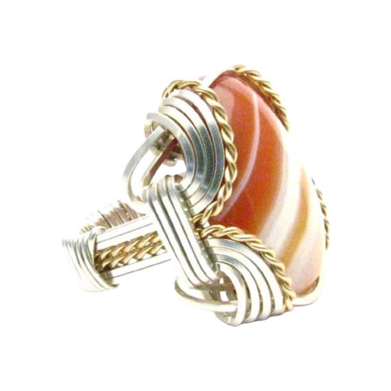 Handmade Wire Wrap Sterling Silver/14kt Gold  Red/White Sardonyx Ring Great Gift Idea