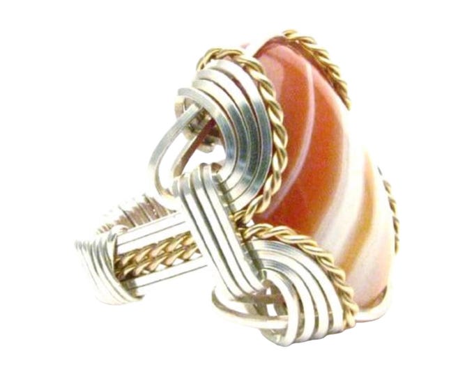 Handmade Wire Wrap Sardonyx Ring: Sterling Silver & 14kt Gold