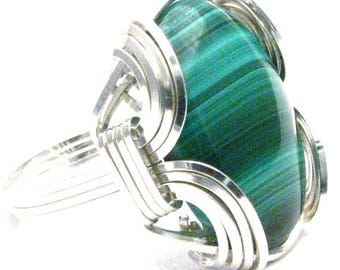 Wire Wrapped Ring, Malachite Ring, Handmade Ring, Sterling Silver Ring, Wire Wrap Ring, Green Ring, Cabochon Ring, Gemstone Ring, Old School