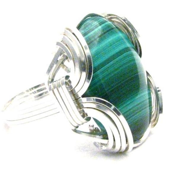 Wire Wrapped Ring, Malachite Ring, Handmade Ring, Sterling Silver Ring, Wire Wrap Ring, Green Ring, Cabochon Ring, Gemstone Ring, Old School