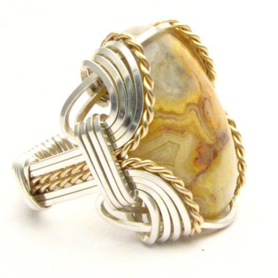 Handmade Wire Wrap Sterling Silver/14kt Gold  Crazy Lace Agate Ring Great Gift Idea